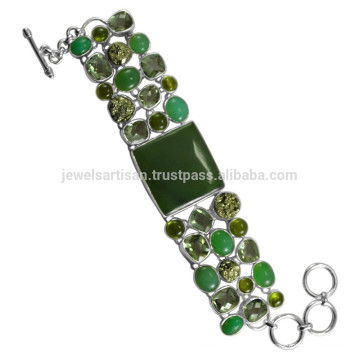 Chrysoprase Green Idethrase Idethrase Nephrite &amp; Pyarite Gemstone com 925 Silver Bracelet